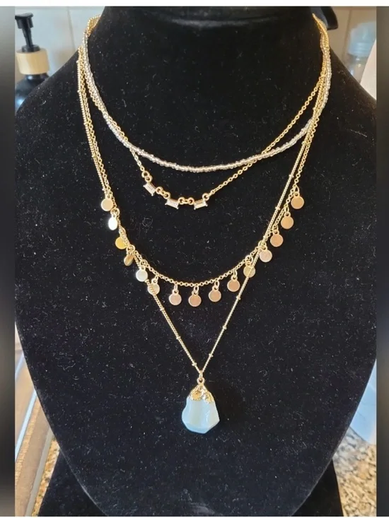 Free People Gold Layered Coin Necklaces with Blue-Green Pendant - Picture 2 of 3